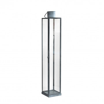 Lanterna in metallo e vetro grigio, altezza 57 cm, base quadrata 10x10