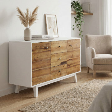 Mobile bianco 2 ante 3 cassetti decoro naturale 142x45x83 cm legno