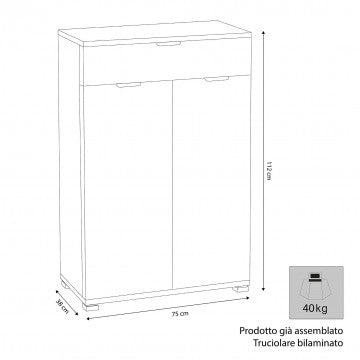 Mobiletto bianco 75x38x112 cm con 2 ante e 1 cassetto in truciolare