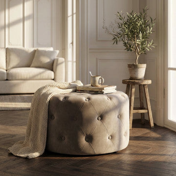 Pouf rotondo in velluto tortora, diametro 67 cm, altezza 41 cm