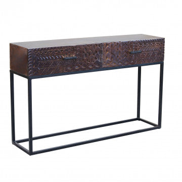 Consolle in legno di mango con decoro wengé e struttura in ferro