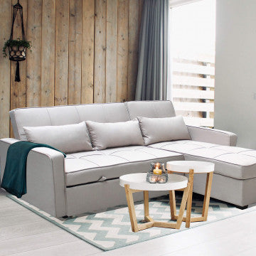 Divano letto in tessuto tortora, dimensioni 210x164 cm, altezza 89 cm