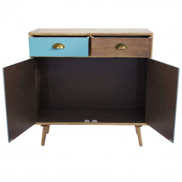 Mobiletto in MDF e legno di pino con 2 ante e 2 cassetti colorati