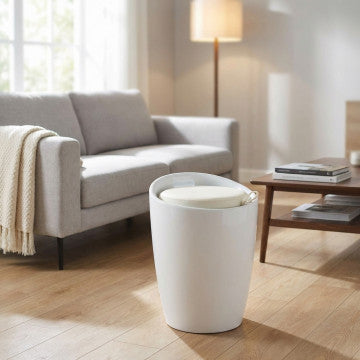 Sgabello pouf in ABS con cuscino in ecopelle, colore bianco