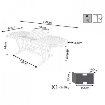 Schema tecnico del tavolo ovale da giardino con dimensioni 150x90 cm, altezza 74 cm, peso 34,5 kg, e dettagli di assemblaggio e peso