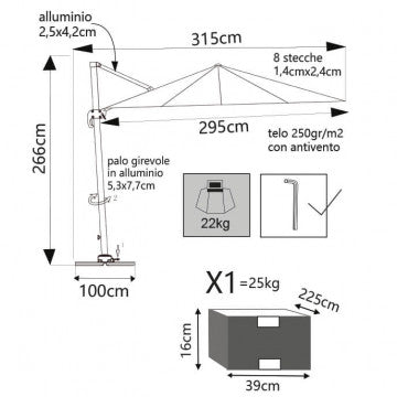 Ombrellone 3x3 metri telo poliestere 250g palo alluminio antivento