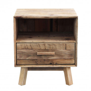 Comodino in legno di pino riciclato con cassetto e ripiano