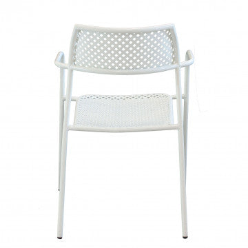 Retro della poltrona Windsor con braccioli impilabile bianca, design traforato in acciaio verniciato a polvere per giardino.