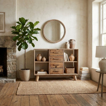 Credenza con 4 cassetti e 4 ripiani in legno di pino riciclato
