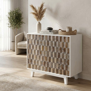 Mobile bianco 2 ante decoro naturale legno 90x50x89 cm