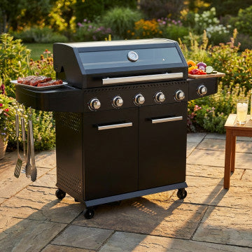 Barbecue 5 fuochi + 1 acciaio verniciato nero, griglia 82×42 cm