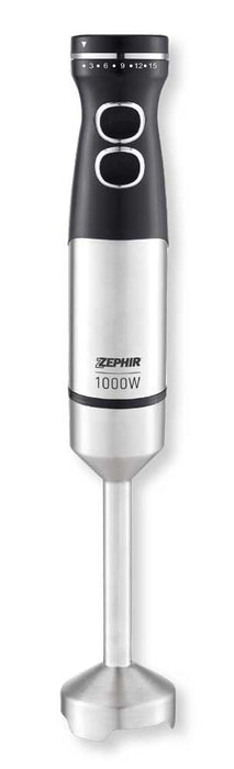 Frullatore a immersione Zephir 1000W in acciaio inox con manico nero, pulsanti di controllo e base stabile, ideale per cucina professionale