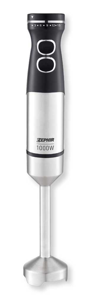 Frullatore a immersione Zephir 1000W in acciaio inox con manico nero, pulsanti di controllo e base stabile, ideale per cucina professionale