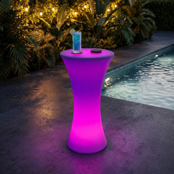 Tavolino luminoso in polietilene, diametro 58 cm, altezza 110 cm, ricarica USB