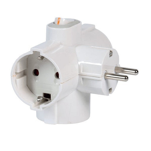 Adattatore triplo 2P+T16A con interruttore, spina e 3 prese Schuko salvaspazio per impianti elettrici domestici ed ufficio.