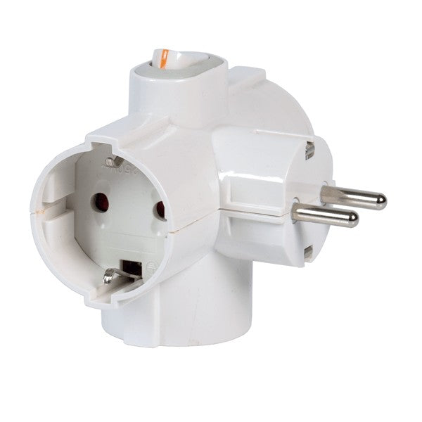 Adattatore triplo 2P+T16A con interruttore, spina e 3 prese Schuko salvaspazio per impianti elettrici domestici ed ufficio.
