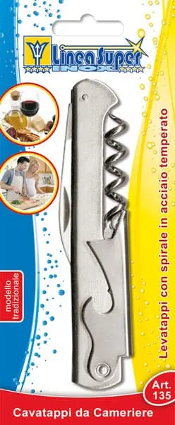 APRIBOTTIGLIE TIRABUSCIO in acciaio inox con spirale, modello tradizionale da cameriere, ideale per cucina e ristorazione.