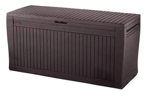 Baule Keter 270lt sed.200kg marrone in resina effetto legno, cassapanca da esterno con chiusura lucchettabile e capacità seduta 200 kg.