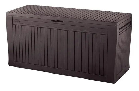 Baule Keter 270lt sed.200kg marrone in resina effetto legno, cassapanca da esterno con chiusura lucchettabile e capacità seduta 200 kg.