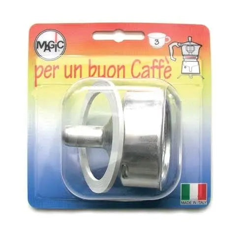 Set BLIS.1FILTRO+1GUARN.+1IMBUT.3 TAZZE per caffettiere moka da 3 tazze, confezione blister con imbuto, filtro e guarnizione inclusi.