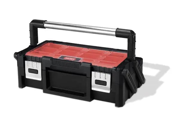 Cassetta organizer cantilever 18P con vassoi estraibili e maniglie in acciaio, ideale per utensili e minuteria, colore nero e rosso.