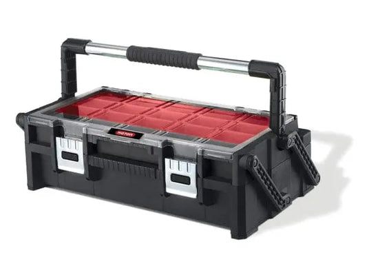 Organizer cantilever con 22 scomparti Keter, struttura nera con maniglia in acciaio e vassoi rossi, ideale per utensili e minuteria.