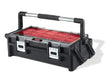 Organizer cantilever con 22 scomparti Keter, struttura nera con maniglia in acciaio e vassoi rossi, ideale per utensili e minuteria.