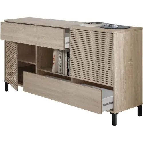Credenza 2 ante e 2 cassetti in melaminico con ante aperte e cassetti estraibili, ideale per riporre oggetti. Dimensioni 154x41x75 cm.