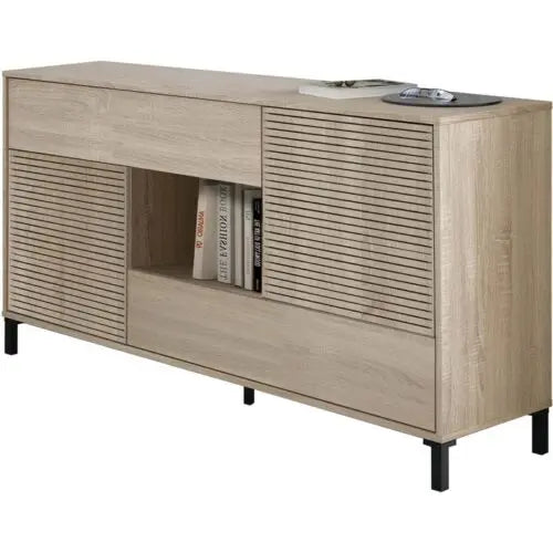 Credenza 2 ante e 2 cassetti in melaminico con design moderno e finitura legno chiaro, perfetta per ogni ambiente. Dimensioni 154x41x75 cm.