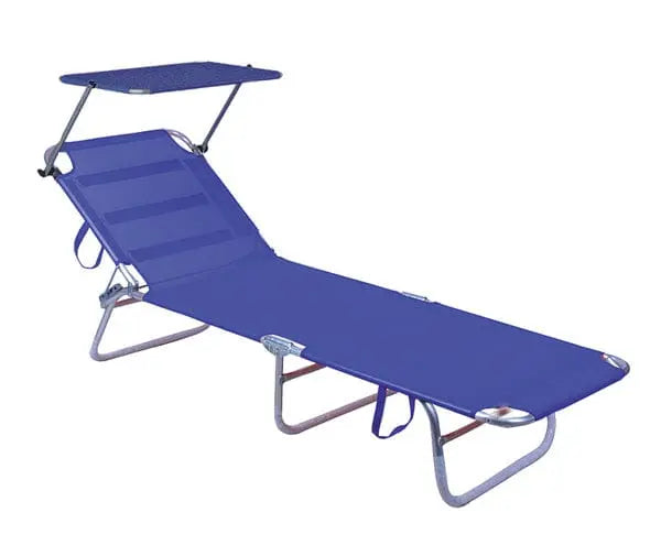 Lettino ALU/TEXIL.C/PARAS.BLUE richiudibile con parasole regolabile, struttura in alluminio Ø 22 mm e tessuto blu traspirante per spiaggia.
