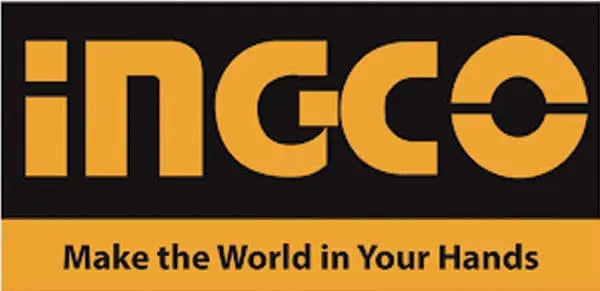Logo Ingco con slogan 'Make the World in Your Hands', rappresenta il marchio di utensili elettrici professionali e affidabili.