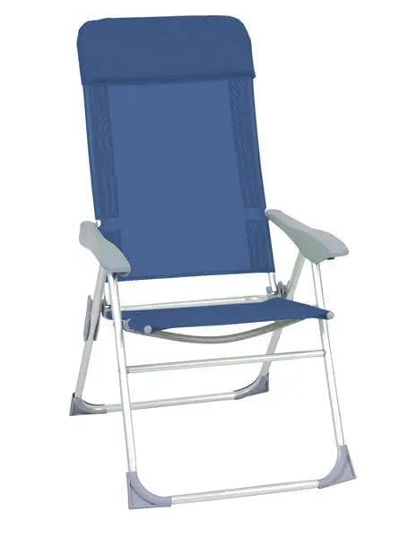 Poltrona relax reclinabile blu con struttura in alluminio Ø 22 mm, regolabile in 5 posizioni, ideale per arredo giardino e spiaggia.