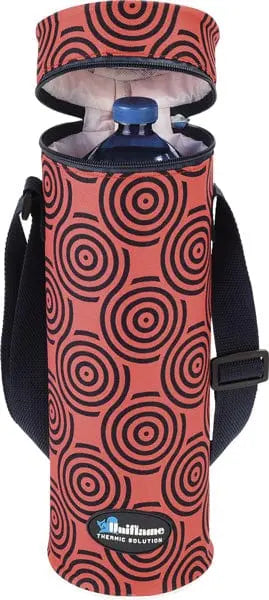 Portabottiglie termico Circle 1,5LT con fantasia a cerchi rossi e neri, ideale per campeggio e arredo esterno, con tracolla regolabile.