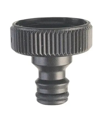 Presa rubinetto con filetto 1p in plastica nera, compatibile con rubinetti filettati da 1 pollice. Accessorio per il giardinaggio confezionato in blister.