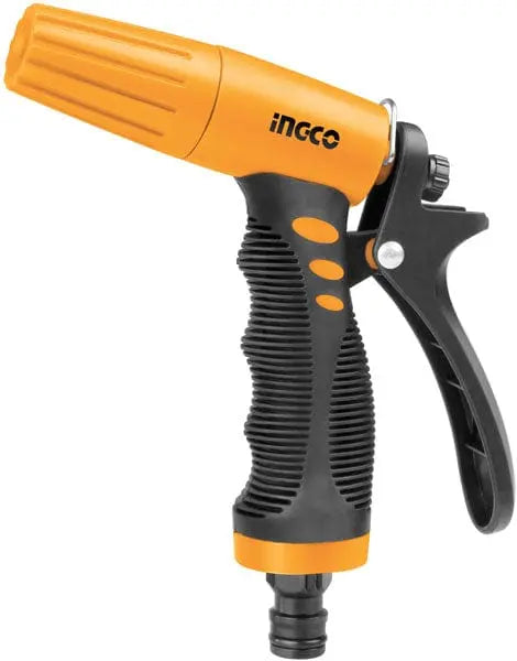 Pistola irrigazione 3 getti Ingco in ABS resistente con impugnatura ergonomica e adattatore da 3/4, ideale per giardinaggio preciso.