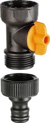 Rubinetto a sfera con regolatore di flusso in plastica nera e manopola arancione, ideale per distributori a 5 uscite. Accessorio per il giardinaggio di alta qualità.