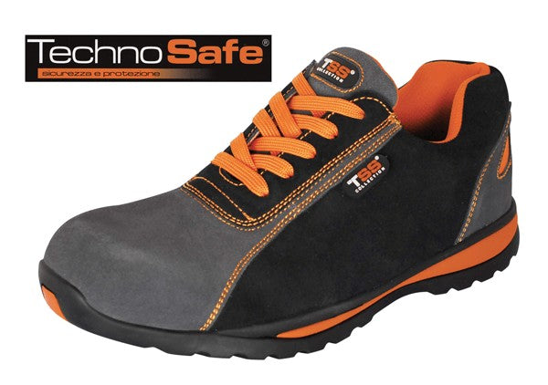 Scarpa bassa South.Beach S1P nera e arancione in pelle scamosciata con puntale polimerico e suola antiscivolo, taglie 39-46. Calzatura antinfortunistica TechnoSafe per uso professionale, resistente a oli e idrocarburi.