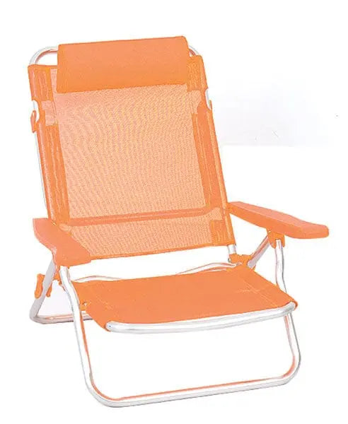 Spiaggina arancione in alluminio e textilene con schienale reclinabile in 5 posizioni, modello comfort richiudibile per arredo esterno e giardino.