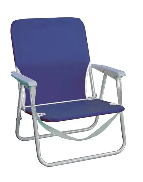 Spiaggina ferro poliestere blu con struttura in acciaio Ø 22 mm e manici Arms, ideale per arredo esterno e giardino. Dimensioni 53x56x70h cm.