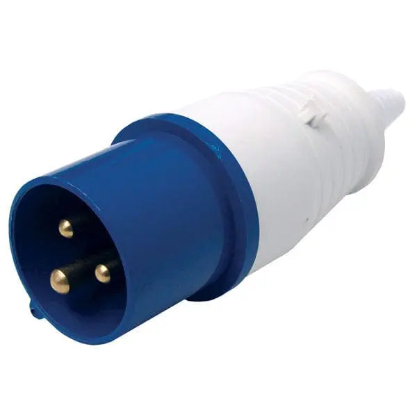 Spina IEC 16A IP44 2P+T 220V industriale blu e bianca con contatti in ottone, ideale per impianti elettrici e prolunghe da cantiere.