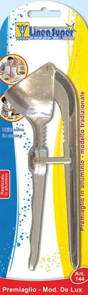 Spremi aglio - snocciola olive in metallo finitura argento, utensile da cucina multifunzione modello De Lux, ideale per uso domestico.