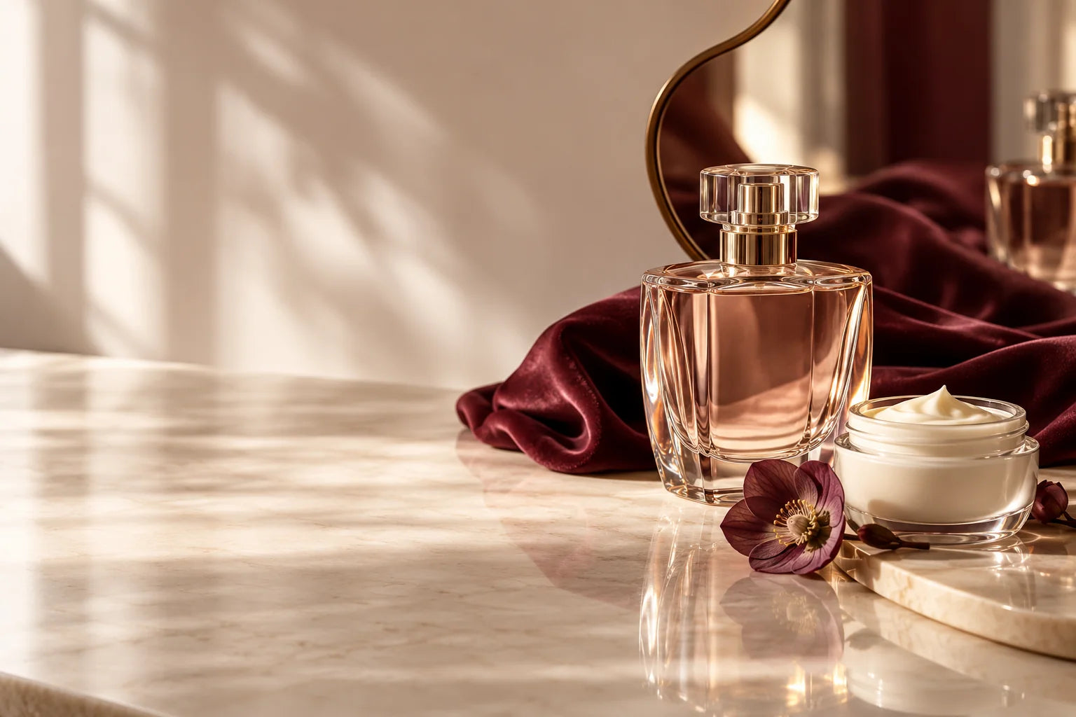 Profumo, cosmetici e tessuto color borgogna: composizione illustrativa