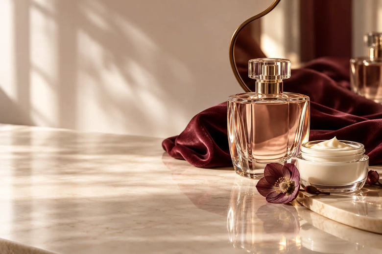Profumo, cosmetici e tessuto color borgogna: composizione illustrativa