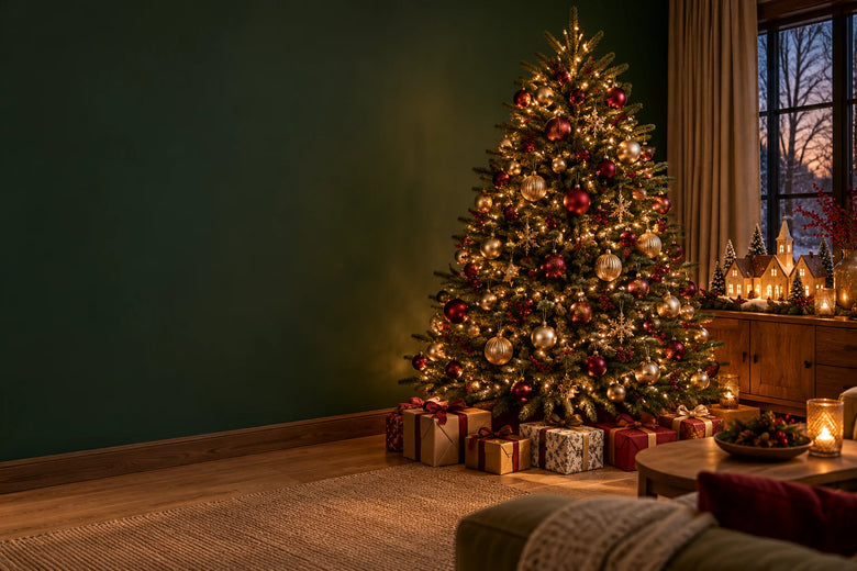 Albero illuminato, luci e decorazioni: ambientazione natalizia illustrativa