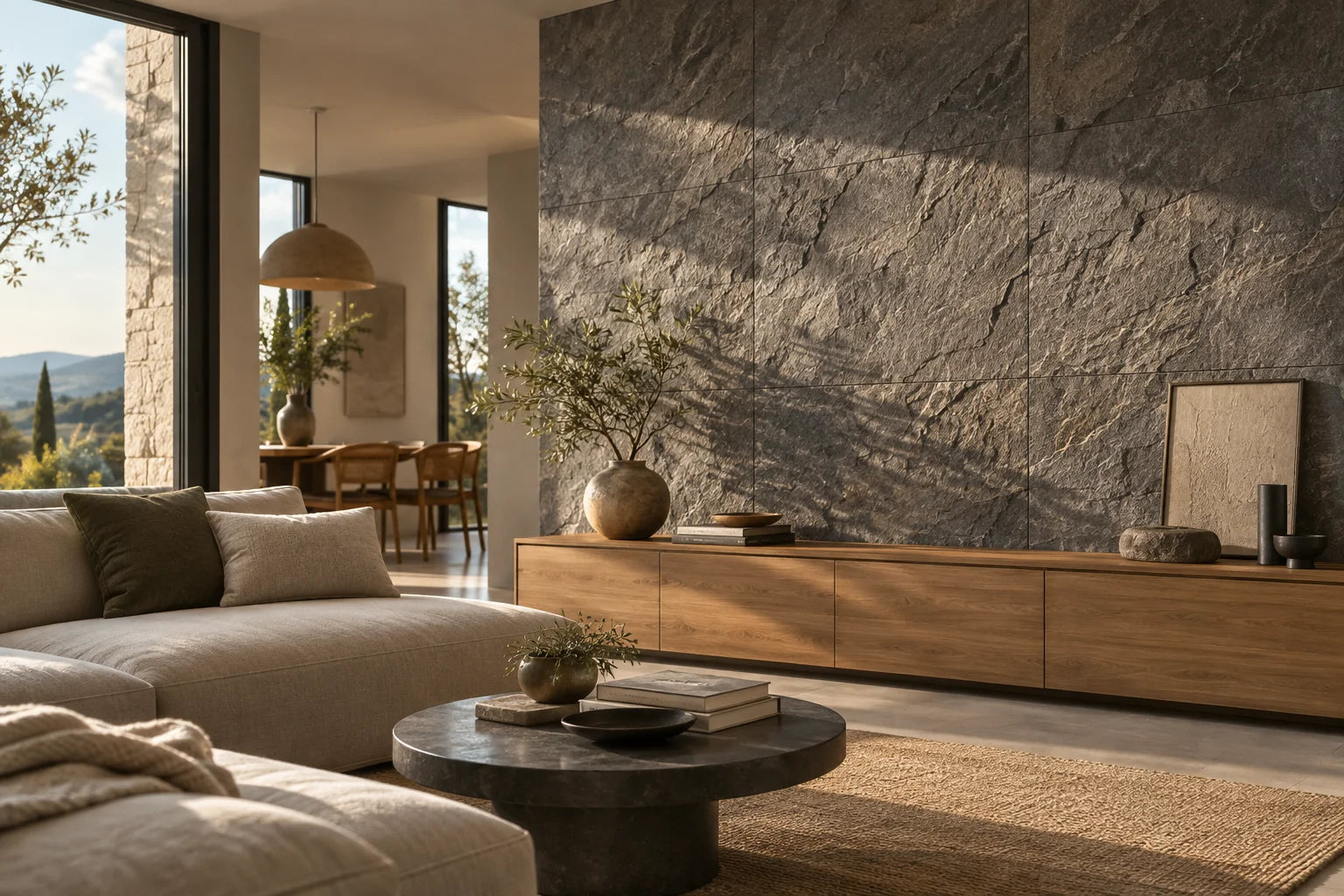 Ispirazione per un soggiorno con parete effetto pietra, legno e luce naturale
