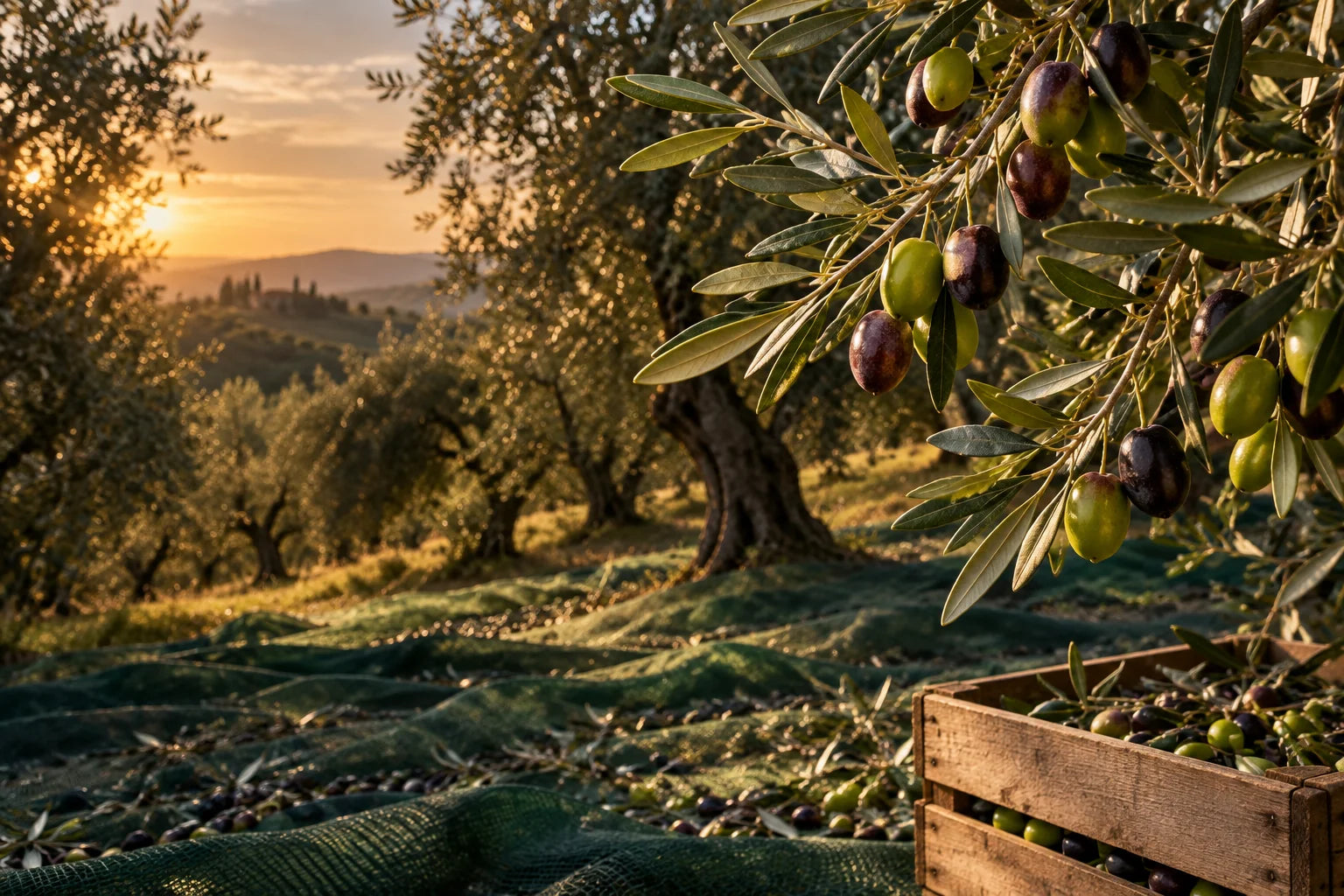 Ulivi, reti e olive durante la raccolta: ambientazione illustrativa
